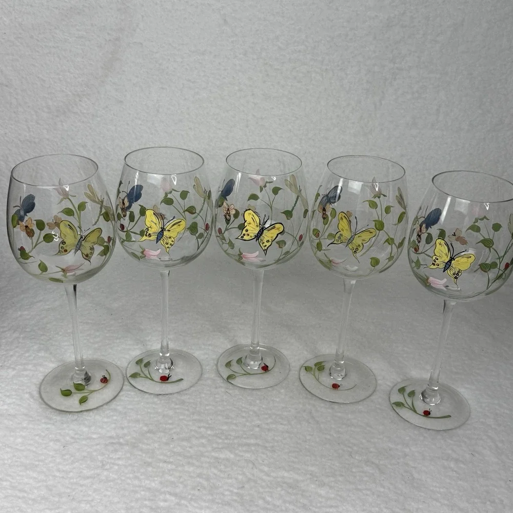 Lenox Butterfly Meadow Hand Painted Wine Glasses Water Goblets Set Of 5